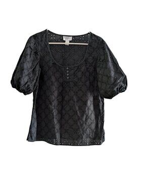 LOFT Women's Eyelet Puff Sleeve Blouse, Black, Size 10, Cotton, Scoop Neck